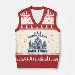 Support Wildlife Raise Twins V-Neck Knit Sweater Vest Twin Dad Mom Parent Bigfoot Family TS10 Beige Red Print Your Wear