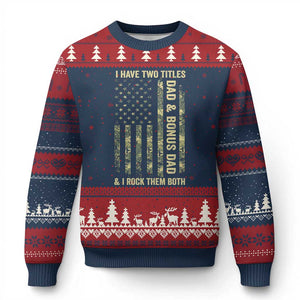Funny Stepdad Ugly Christmas Sweater I Have Two Titles Dad And Bonus Dad Camo American Flag TS10 Navy Red Print Your Wear