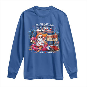 Christmas In July 250 Years 1776 2026 Patriotic Santa Flamingo Float Summer Xmas Long Sleeve Shirt