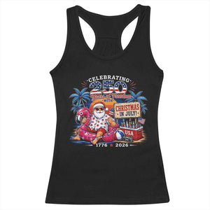 Christmas In July 250 Years 1776 2026 Patriotic Santa Flamingo Float Summer Xmas Racerback Tank Top