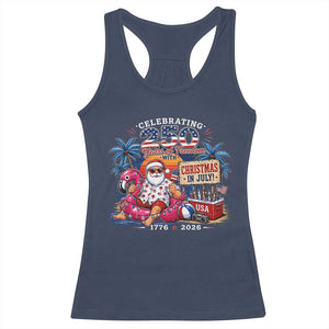 Christmas In July 250 Years 1776 2026 Patriotic Santa Flamingo Float Summer Xmas Racerback Tank Top