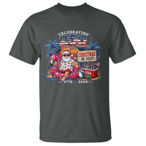 Christmas In July 250 Years 1776 2026 Patriotic Santa Flamingo Float Summer Xmas T Shirt