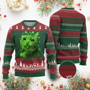 Funny Alien Cat Meme Retro Y2K Vintage Space Kitty Ugly Christmas Sweater