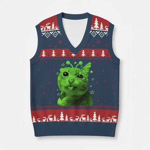 Funny Alien Cat Meme Retro Y2K Vintage Space Kitty V-Neck Knit Sweater Vest