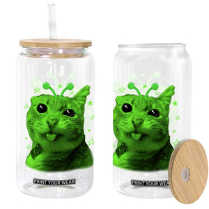 Funny Alien Cat Meme Retro Y2K Vintage Space Kitty Glass Can