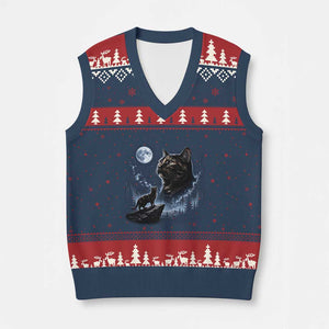 Tortoiseshell Cat Howling To The Moon V-Neck Knit Sweater Vest Tortie Cat Lover 90s Retro