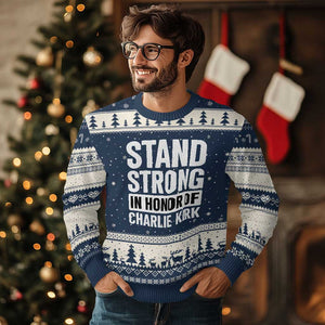 Stand Strong in Honor of Charlie Kirk Ugly Christmas Sweater TS10 Navy Beige Print Your Wear