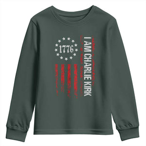 I Am Charlie Kirk Youth Sweatshirt Freedom Vintage Old American Flag Patriotic 1776 TS10 Dark Forest Green Print Your Wear