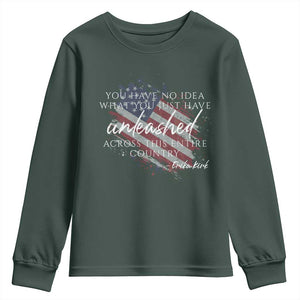Charlie Kirk Memorial Youth Sweatshirt Erika Kirk Quote Patriotism Faith Gods Merciful Love TS10 Dark Forest Green Print Your Wear