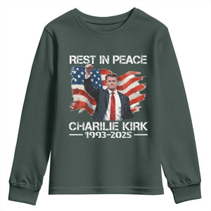 Rest in Peace Charlie Kirk Youth Sweatshirt Memorial Tribute Charlie A True Patriot USA Flag TS10 Dark Forest Green Print Your Wear