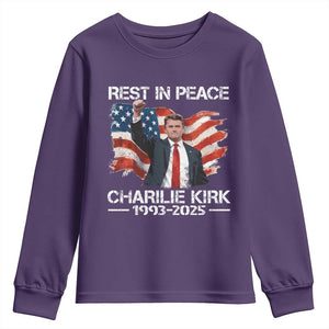 Rest in Peace Charlie Kirk Youth Sweatshirt Memorial Tribute Charlie A True Patriot USA Flag TS10 Purple Print Your Wear