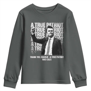 Charlie Kirk Freedom Youth Sweatshirt Vintage A True Patriot Patriotic American TS10 Dark Heather Print Your Wear