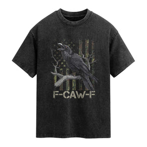 Funny Crow Washed Cotton T-Shirt F-Caw-F Raven Camo USA Flag Adult Humor