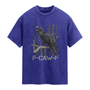 Funny Crow Washed Cotton T-Shirt F-Caw-F Raven Camo USA Flag Adult Humor