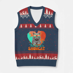 The Life Of A Showcat V-Neck Knit Sweater Vest Funny Cat Showgirl Era Heart Shape TS10 Navy Red Print Your Wear