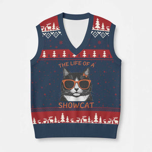 The Life Of A Showcat V-Neck Knit Sweater Vest Funny Cat Showgirl Era TS10 Navy Red Print Your Wear