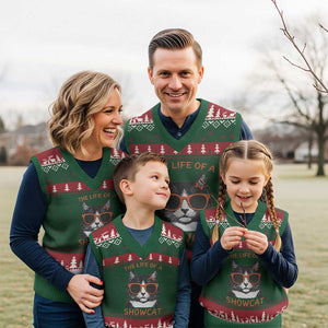 The Life Of A Showcat V-Neck Knit Sweater Vest Funny Cat Showgirl Era TS10 Red Green Print Your Wear