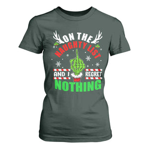 Funny Xmas T Shirt For Women On The List Of Naughty And I Regret Nothing Christmas TS10 Dark Forest Green Print Your Wear