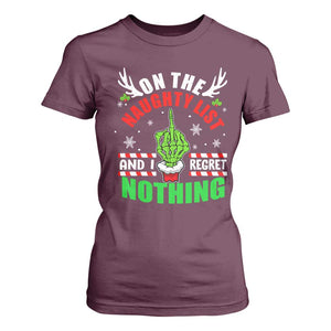 Funny Xmas T Shirt For Women On The List Of Naughty And I Regret Nothing Christmas TS10 Maroon Print Your Wear