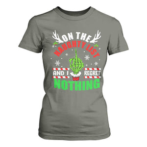 Funny Xmas T Shirt For Women On The List Of Naughty And I Regret Nothing Christmas TS10 Military Green Print Your Wear