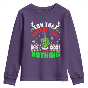 Funny Xmas Youth Sweatshirt On The List Of Naughty And I Regret Nothing Christmas TS10 Purple Print Your Wear