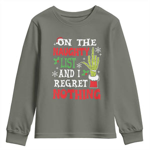 Funny Christmas Youth Sweatshirt On The List Of Naughty And I Regret Nothing Xmas TS10 Military Green Print Your Wear