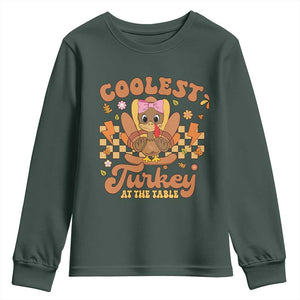 Thanksgiving Kids Youth Sweatshirt Coolest Turkey At The Table Girls Toddler Youth TS10 Dark Forest Green Print Your Wear