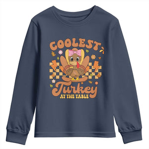Thanksgiving Kids Youth Sweatshirt Coolest Turkey At The Table Girls Toddler Youth TS10 Navy Print Your Wear