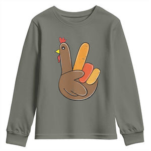 Thanksgiving Youth Sweatshirt Peace Sign Turkey Hand Cool Thanksgiving Hippie TS10 Military Green Print Your Wear