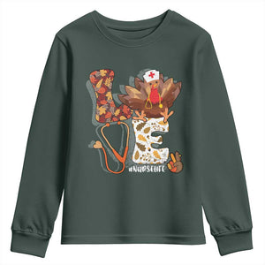 Thanksgiving Nurse Life Youth Sweatshirt Love Turkey Fall TS10 Dark Forest Green Print Your Wear