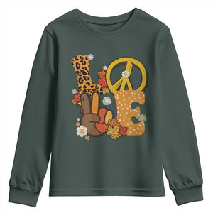 Thanksgiving Youth Sweatshirt Peace Sign Love Turkey Hand TS10 Dark Forest Green Print Your Wear