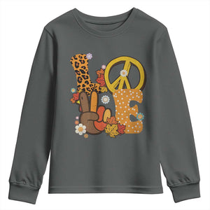Thanksgiving Youth Sweatshirt Peace Sign Love Turkey Hand TS10 Dark Heather Print Your Wear
