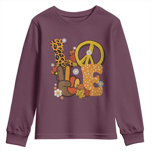 Thanksgiving Youth Sweatshirt Peace Sign Love Turkey Hand TS10 Maroon Print Your Wear