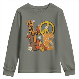 Thanksgiving Youth Sweatshirt Peace Sign Love Turkey Hand TS10 Military Green Print Your Wear