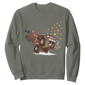Thanksgiving Turkey Sweatshirt Riding Monster Truck Boys Kids TS10 Military Green Print Your Wear