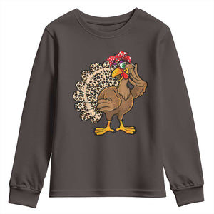 Funny Thanksgiving Youth Sweatshirt Turkey Women Girl Leopard Print Autumn Fall TS10 Dark Chocolate Print Your Wear