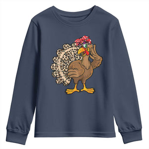 Funny Thanksgiving Youth Sweatshirt Turkey Women Girl Leopard Print Autumn Fall TS10 Navy Print Your Wear