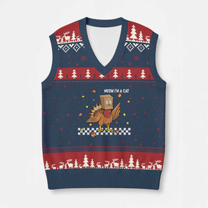 Turkey Cat V-Neck Knit Sweater Vest Funny Thanksgiving Meow TS10 Navy Red Print Your Wear