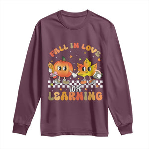 Autumn Teacher Long Sleeve Shirt Retro Fall In Love With Learning Thanksgiving Pumpkin TS10 Maroon Print Your Wear