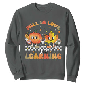 Autumn Teacher Sweatshirt Retro Fall In Love With Learning Thanksgiving Pumpkin TS10 Dark Heather Print Your Wear