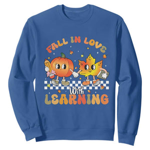 Autumn Teacher Sweatshirt Retro Fall In Love With Learning Thanksgiving Pumpkin TS10 Royal Blue Print Your Wear