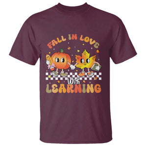 Autumn Teacher T Shirt Retro Fall In Love With Learning Thanksgiving Pumpkin TS10 Maroon Print Your Wear