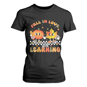 Autumn Teacher T Shirt For Women Retro Fall In Love With Learning Thanksgiving Pumpkin TS10 Black Print Your Wear