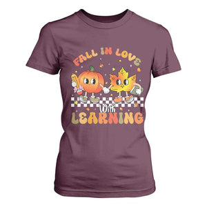 Autumn Teacher T Shirt For Women Retro Fall In Love With Learning Thanksgiving Pumpkin TS10 Maroon Print Your Wear