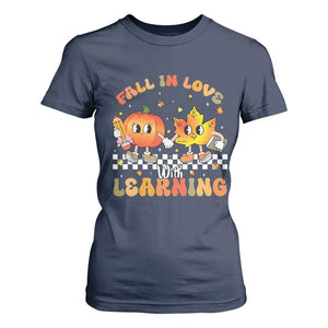Autumn Teacher T Shirt For Women Retro Fall In Love With Learning Thanksgiving Pumpkin TS10 Navy Print Your Wear