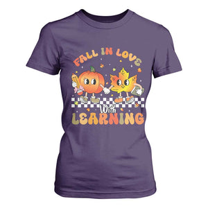 Autumn Teacher T Shirt For Women Retro Fall In Love With Learning Thanksgiving Pumpkin TS10 Purple Print Your Wear