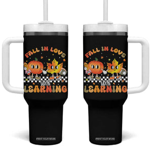 Autumn Teacher Tumbler With Handle Retro Fall In Love With Learning Thanksgiving Pumpkin TS10 One Size: 40 oz Black Print Your Wear