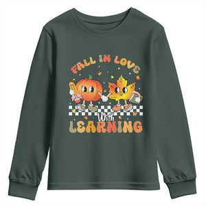 Autumn Teacher Youth Sweatshirt Retro Fall In Love With Learning Thanksgiving Pumpkin TS10 Dark Forest Green Print Your Wear