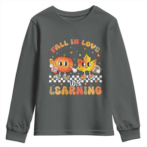 Autumn Teacher Youth Sweatshirt Retro Fall In Love With Learning Thanksgiving Pumpkin TS10 Dark Heather Print Your Wear
