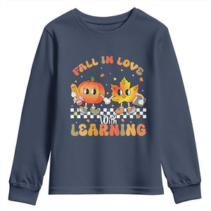 Autumn Teacher Youth Sweatshirt Retro Fall In Love With Learning Thanksgiving Pumpkin TS10 Navy Print Your Wear